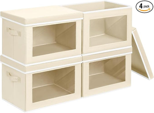 Homsorout Storage Bins with Lids - Fabric Closet Storage Bins with Window, Collapsible Baskets for Shelves 4 Pack, Home Decorative Boxes for Clothes, Closet, Office, Beige