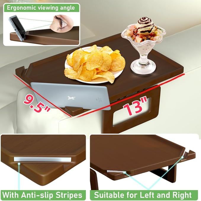 Smatdecis Couch Arm Tray Table Sofa Arm Clip, Armrest Tray Table Suitable for Home Drinks/Fast Food/Fruit Etc, Large Size Multi-Function Brown(Dual Phone/Tablet Holder)
