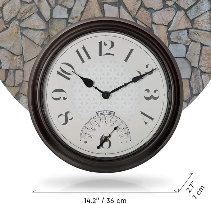 Presentime & Co. 14" in/Outdoor Luminous Wall Clock with Thermometer, Weather Thermometer, Night Light with Smart Sensor - Oil Rubbed Bronze Finish, Outdoor Lights & Decoration.