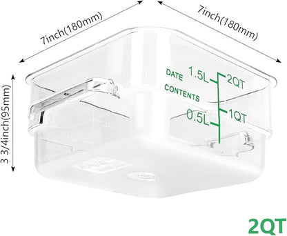 4 Pack Food Storage Containers with Green Lids, 2.0 Qt - Square, Clear, Polycarbonate, for Restaurant Commercial Kitchen and Home party
