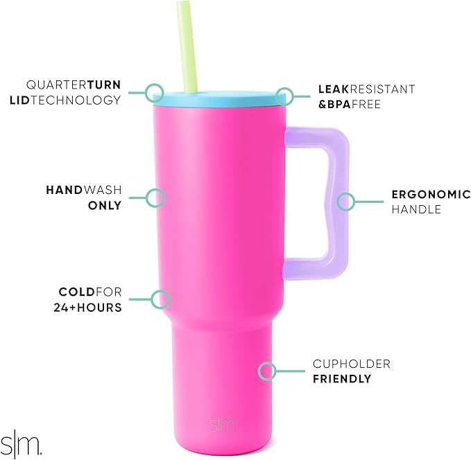 Simple Modern 40 oz Trek Tumbler with Handle and Straw Lid | Cup Holder Friendly Insulated Stainless Steel Travel Mug | 80s Mix
