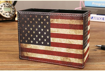 American Flag Desk Organizer, PU Leather Retro Vintage Cool Supplies, Patriotic Decor Pen Pencil Holder Office Home Accessories (USA Flag)