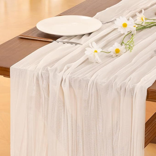 Socomi 10pcs Ivory White Cheesecloth Table Runner Boho Rustic Gauze 120 inch 10FT Cheese Cloth Runner for Wedding Party Baby Shower Birthday Home Decor Holiday Decorations