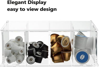 RR RAXMIN Coffee Capsule Holder Acrylic Box K Cup Holder Coffee Pod Storage Clear Acrylic 4 Compartment with Lid Organizer Coffee Bar Accessories