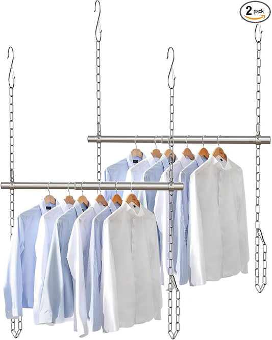 Hanging Closet Rod, Adjustable Width and Height Closet Rods Extender, 17-28inch Heavy-Duty Stainless Steel Bar, Space-Saving Closet Rod Hanging Clothes, 2Pack(Silver)