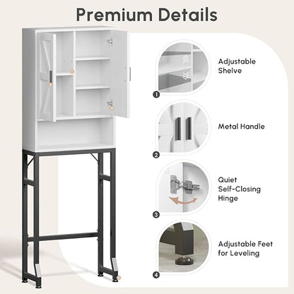 USHOWER Over The Toilet Storage Cabinet, Bathroom Organizers and Storage with Barn Doors, Thicken Metal Stand & MDF Wood Above Toilet Storage Cabinet, Freestanding Space Saver, White