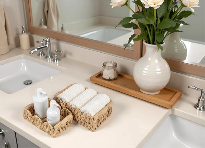 Scalloped Decorative Toilet Paper Storage Basket, Wicker Rattan Farmhouse Rustic Home Decor Basket for Shelves Pantry Organizing, Bedroom, Living Room, Hyacinth Bin w/Wood Handles, Natural