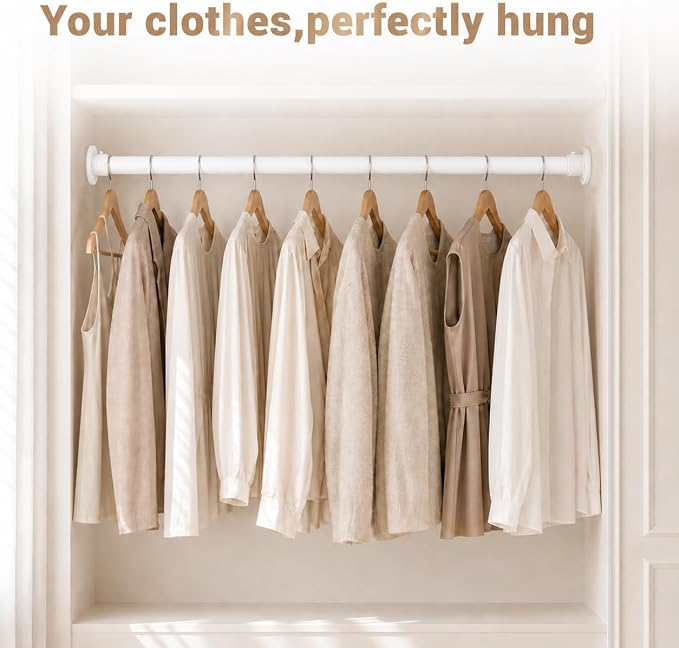 Closet Rod Adjustable 17 to 68 Inch, 1-1/4” Diameter, Closet Rods for Hanging Clothes, Stepless Metal Heavy Duty Hanging Rod for Closet Wardrobes Laundry RV (White)
