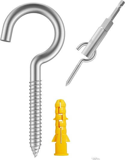 304 Stainless Steel Screw-in Hooks, Metal Hooks, Heavy-Duty Screw Eye Hooks, Wood Terminal Ring Eye Hooks, Christmas Lighting Hook. (26 pcs +1 pcs 1/4" hex Shank Wing nut Driver)