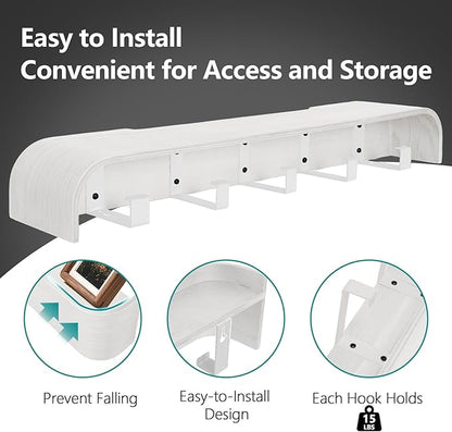 Coat Rack Wall Mount with Hidden Hooks Modern Key Holder Wood Entryway Hook with Shelf for Bedroom Kitchen Hallway Bathroom Designed for Hanging Coats Hats Bags Towels Dog Leashe(White,5 Hooks)