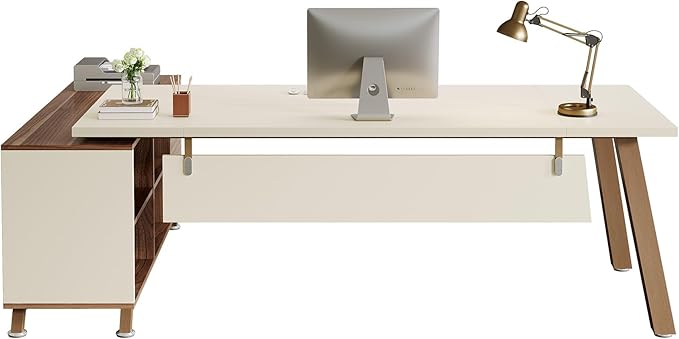 Tribesigns 78.7" L-Shaped Executive Desk, Modern Office Desk with File Drawers & Storage Shelves, Large Computer Desk with 55-Inch Cabinet, Business Workstation for Home Office, White & Walnut