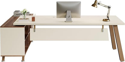 Tribesigns 78.7" L-Shaped Executive Desk, Modern Office Desk with File Drawers & Storage Shelves, Large Computer Desk with 55-Inch Cabinet, Business Workstation for Home Office, White & Walnut