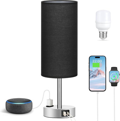 Black Bedroom Table Lamp for Bedside - 3 Way Dimmable Touch Lamp USB C A Charging Ports and AC Outlet, Small Desk Lamp for Nightstand for Living Room with Silver Base, Office Desk, LED Bulb Included