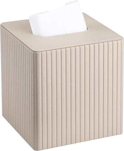 KINGFOM Tissue Box Cover, PU Leather Square Tissue Box Holder for Kleenexs with Magnetic Bottom Cover for Facial Tissues/Napkins, Office & Living Room Decor Box (Beige Strips)