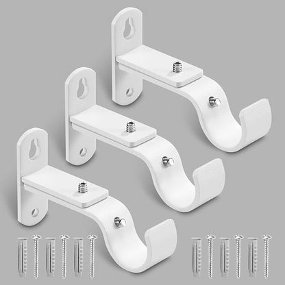 Adjustable Curtain Rod Brackets, Metal Window Drapery Rod Hanger Holders Hooks for 1 inch Rods (White, Set of 3)