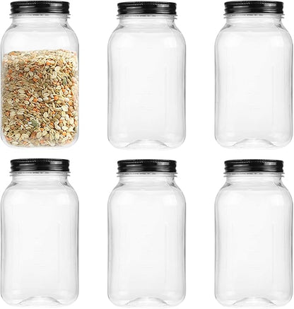 OMNISAFE 32 Ounce Clear Plastic Mason Jars With Screw On Lid, Reusable Empty Jars for Food Storage, Round BPA Free Containers for Sealing, Dry Food, Snacks, Candies, Breakage-proof, (Black - 6 Pack)