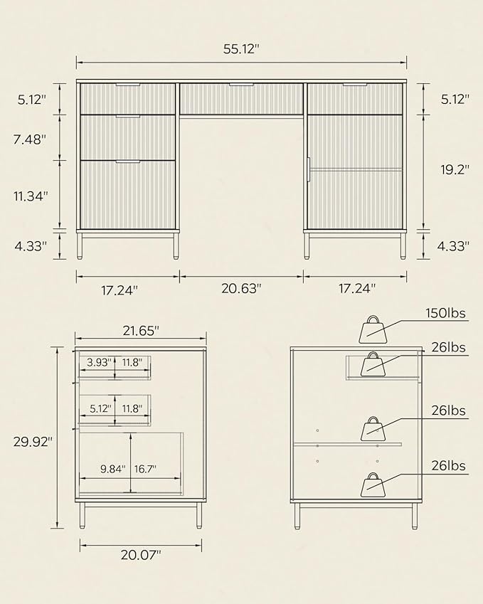 55" Large Fluted Executive Desk with Charging Station, Computer Desk with Storage Cabinet and File Drawer, Modern Wooden Home Office Desk for Workspace, Writing, Study, Brown