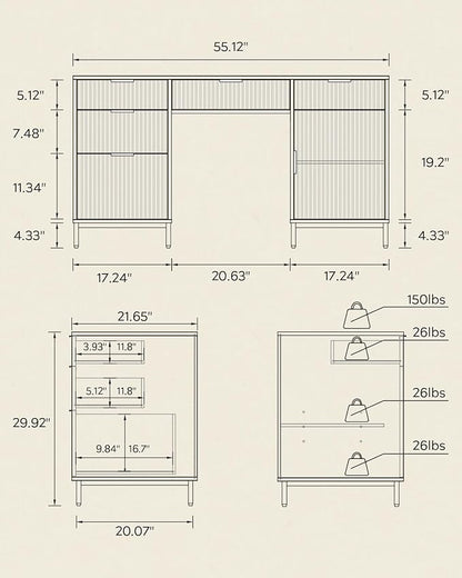 55" Large Fluted Executive Desk with Charging Station, Computer Desk with Storage Cabinet and File Drawer, Modern Wooden Home Office Desk for Workspace, Writing, Study, Brown