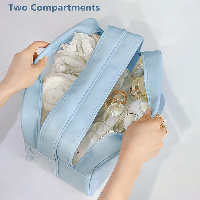 Travel Toiletry Bag for Women, Matte Translucent Toiletry Bag with Handy Handle, Makeup Cosmetic Organizer Bag for Travel Toiletries Accessories (Blue-XL)