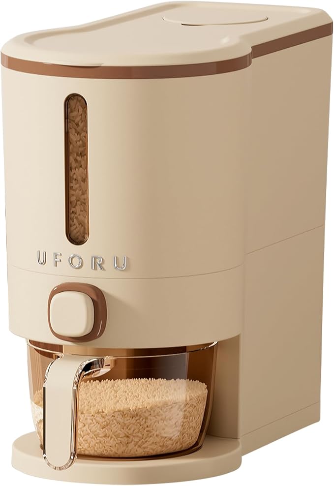 UFORU Rice Dispenser, Rice Storage Container with Measuring Cup for Kitchen Pantry Household, Cereal Dry Food Storage Containers Airtight, Sealed Moisture Proof (Brown 11 Lbs)