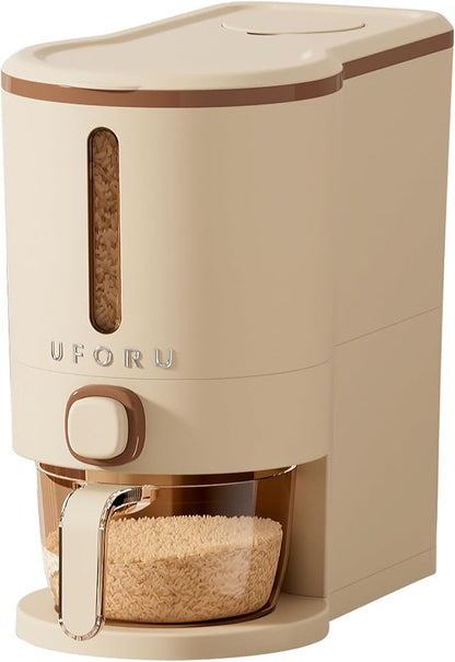 UFORU Rice Dispenser, Rice Storage Container with Measuring Cup for Kitchen Pantry Household, Cereal Dry Food Storage Containers Airtight, Sealed Moisture Proof (Brown 11 Lbs)