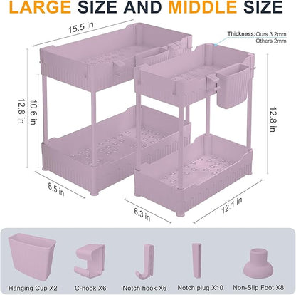 Sevenblue 2 Pack Under Sink Organizer, Under Bathroom Cabinet Organizer with Hooks Hanging Cup, Multi-Purpose Storage Shelf for Kitchen Bathroom (Pink, 12.8 Inch)