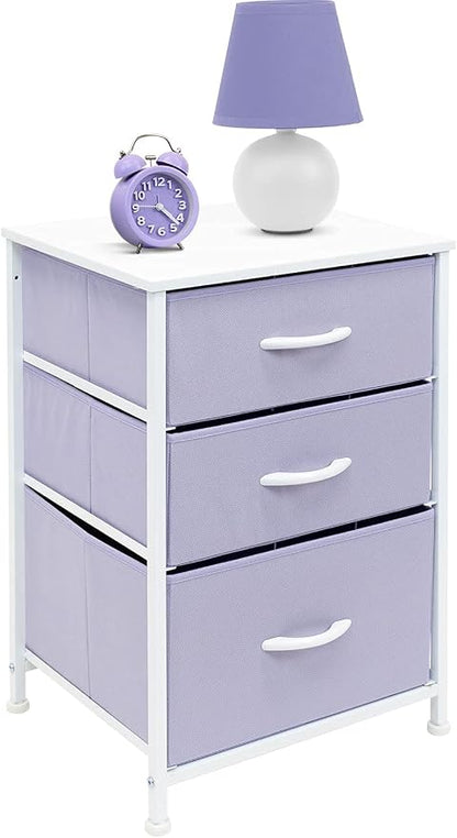 Sorbus Nightstand with 3 Drawers - Furniture Storage Chest Tower Unit for Bedroom, Hallway, Closet, Office Organization - Steel Frame, Wood Top, Pastel Fabric Bin (Purple)