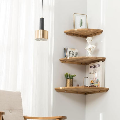 Conamily Corner Shelf, Solid Oak Wood Floating Corner Shelf Wall Mount Round End Floating Speaker Shelves with Wire Hole for Small Plant Photo Frame for Bedroom Kitchen, Living Room (Oak, 7.1in)