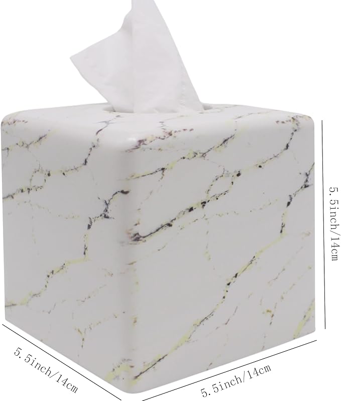 Marble Tissue Box Cover Square Decorative Stone Klenex Box Holder for Bathroom & Living Room with Handcrafted Texture (Marble-A)