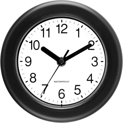 Caysie 6.5 Inch Sealed Small Indoor Outdoor Clock Waterproof, Hanging or Standing Silent Battery Operated Wall Clocks for Pool Patio Bathroom Shower (Black)