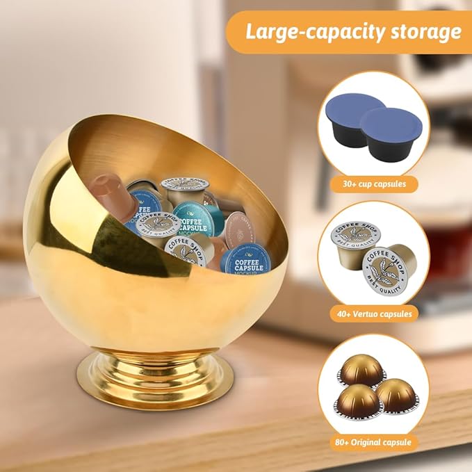 Coffee Pod Holder, Large Capacity Stainless Steel K Cups Holder Organizer Bowl Coffee Capsule Creamer Container Basket, Espresso Pods Storage for Bar Station, Counter (Gold)