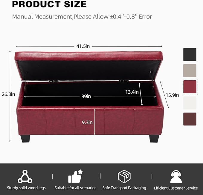 41" Storage Ottoman Bench, Faux Leather Storage Foot Rest with Safety Hinge, Load up to 660 lb Upholstered Tufted Entryway Bench with Seating for Living Room, Bedroom, Wine Red