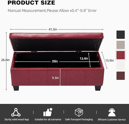 41" Storage Ottoman Bench, Faux Leather Storage Foot Rest with Safety Hinge, Load up to 660 lb Upholstered Tufted Entryway Bench with Seating for Living Room, Bedroom, Wine Red
