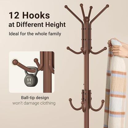 ELYKEN Coat Rack Freestanding, Metal Coat Rack Stand with Umbrella Holder, Modern Coat Tree with 12 Hooks, Floor Standing Corner Hall Tree for Entryway Living Room Bedroom Office, Brown