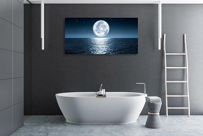 Wall Art Canvas Print Moon Sea Ocean Landscape 1 Panels Full Moon Picture Painting Framed and Stretched Ready to Hang for Living Room Bedroom Office Home Decor Artwork