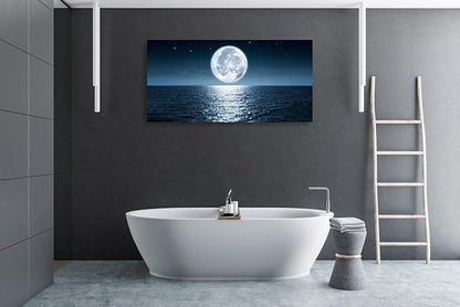 Wall Art Canvas Print Moon Sea Ocean Landscape 1 Panels Full Moon Picture Painting Framed and Stretched Ready to Hang for Living Room Bedroom Office Home Decor Artwork