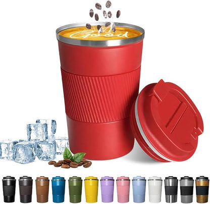 YINBAOGE Insulated Travel Coffee Mug, Spill & Leak Proof, Portable To Go Camping Stainless Steel Coffee Tumbler, Reusable Thermal Coffee Cup with Lid for Hot & Cold Drinks (Red, 12 OZ)