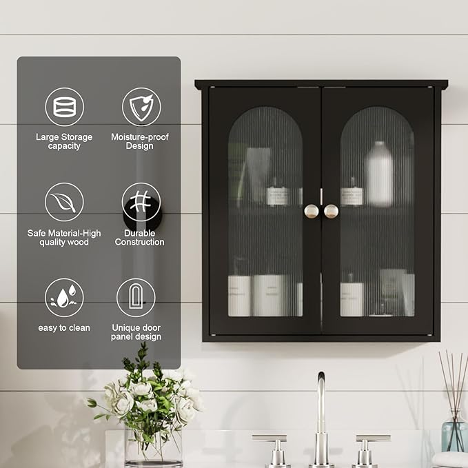 Black Bathroom Wall Cabinet,Bathroom Cabinet Wall Mounted with Arched,Medicine Cabinets Over Toilet,Surface Mount Medicine Cabinet for Laundry Room,Kitchen,Storage Cabinet 22x23