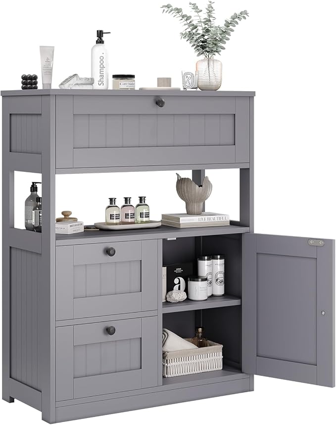 GRUSIGN Bathroom Cabinet, Modern Bathroom Floor Storage Cabinet Organizer with 1 Door and 3 Drawers, Freestanding Cupboard for Kitchen/Living Room Use