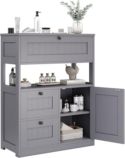 GRUSIGN Bathroom Cabinet, Modern Bathroom Floor Storage Cabinet Organizer with 1 Door and 3 Drawers, Freestanding Cupboard for Kitchen/Living Room Use