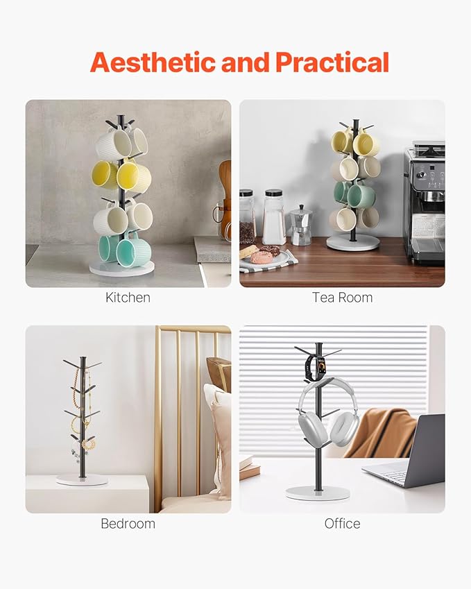 VEVOR Mug Holder Tree with Marble Base, 8 Hooks Coffee Cup Holder for Counter, Carbon Steel Mug Tree Cup Rack Stand, Upgraded Coffee Cup Tree for Coffee Bar Kitchen Home Organizer