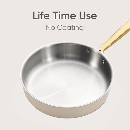 CAROTE 10" Stainless Steel Frying Pan with Lid, Outer Ceramic Layer, Non-Toxic, Even Heating，Oven Safe, Induction, Ceramic and Gas Cooktops Compatible, White