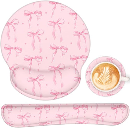Ergonomic Mouse Pad with Wrist Rest and Keyboard Wrist Rest, Mousepad and Wrist Rest for Computer Keyboard, Non-Slip Rubber Base, Mouse Pad Wrist Support for Gaming, Pink Bow