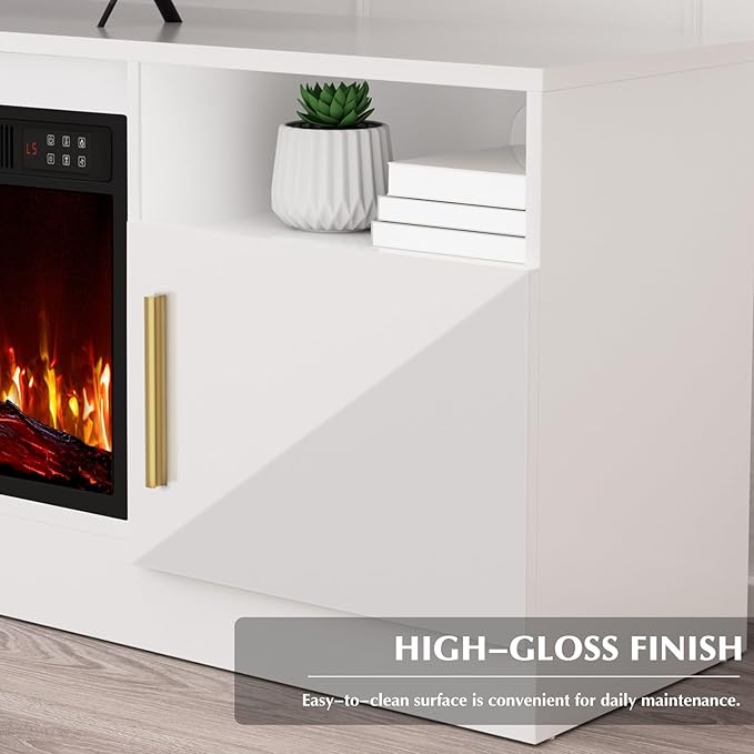 LEMBERI 70" Fireplace TV Stand for TVs up to 80", 36" Electric Fireplace 750W/1500W Entertainment Center with 20-Color LED, 300lbs Max Capacity High Gloss Storage Cabinet Console, White