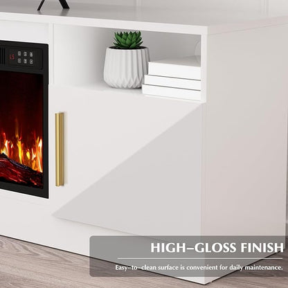 LEMBERI 70" Fireplace TV Stand for TVs up to 80", 36" Electric Fireplace 750W/1500W Entertainment Center with 20-Color LED, 300lbs Max Capacity High Gloss Storage Cabinet Console, White
