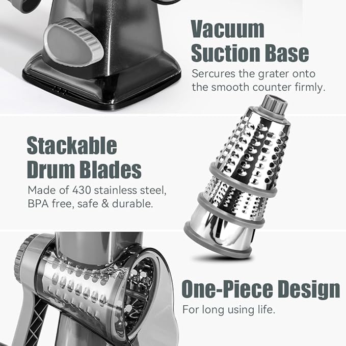 KEOUKE Rotary Cheese Grater Pro 6 in 1 - Shredder Crinkle Slicer Grinder Ice Shaver, Stable Suction, Time-saving Easy Use & Clean, Safe Morden Kitchen Tool for Cheese, Vegetable, Nuts, Chocolate