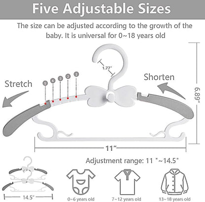 Kids Hangers for Closet, 30 Pack Baby Clothes Hanger, Adjustable Toddler Hangers for Boy Nursery, Cascading Plastic Perchas for Newborn Babies Children Infant, Space Saving Perchas Bebés, Grey