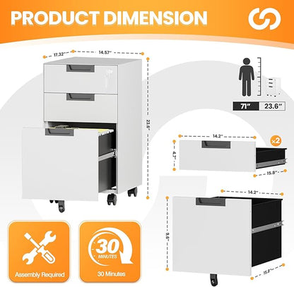 3 Drawer File Cabinet with Lock, Fully Assembled Metal Mobile Filing Cabinets for Home Office, Small Rolling File Caninet on Wheels for Legal/Letter / A4 File, White