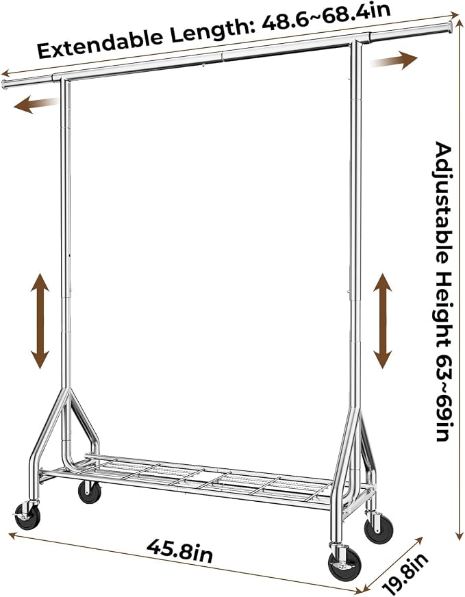HYSEYY Heavy Duty Clothes Rack Load 450 LBS, Metal Garment Rack, Standing Rolling Clothing Rack for Hanging Clothes with Sturdy Wheels & Shelves, Portable Closet Wardrobe Rack,Sliver