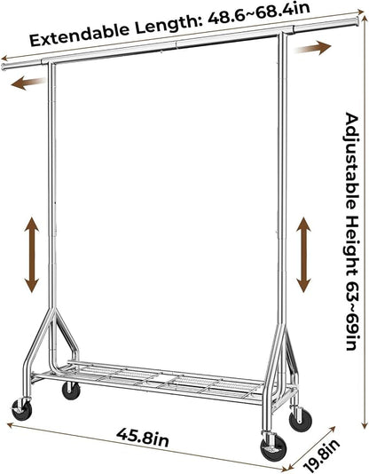 HYSEYY Heavy Duty Clothes Rack Load 450 LBS, Metal Garment Rack, Standing Rolling Clothing Rack for Hanging Clothes with Sturdy Wheels & Shelves, Portable Closet Wardrobe Rack,Sliver
